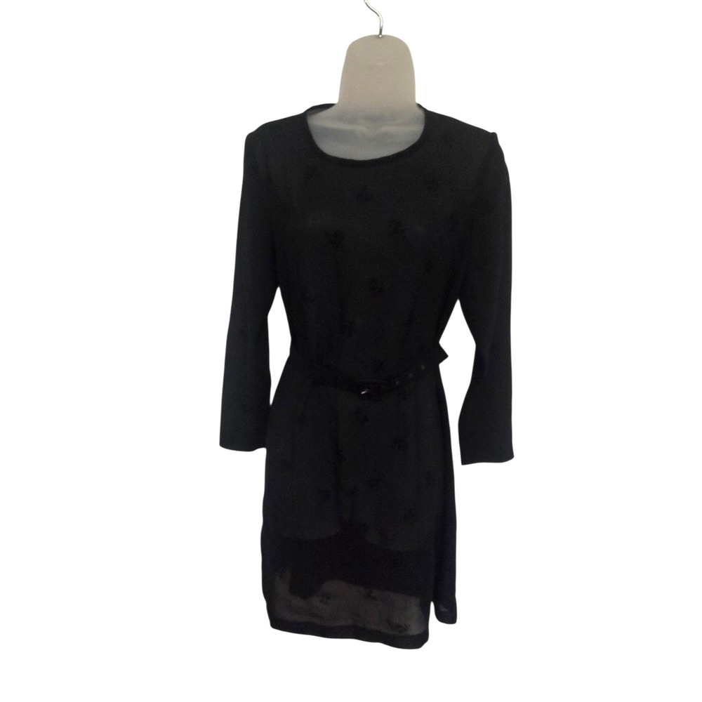 Tivoli Womens Black Sheer Floral Embroidered Belted Long Sleeve Dress